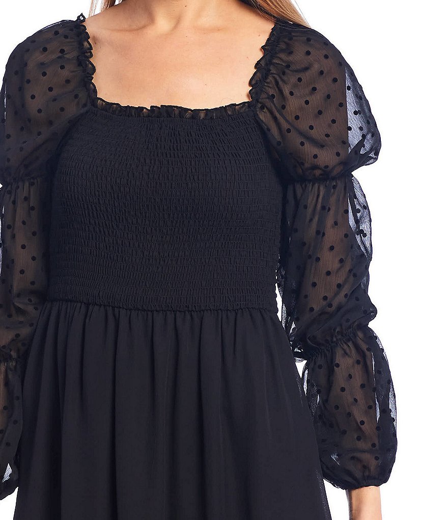 Allison & Kelly Balloon-Sleeve Flocked Dot Smocked Bodice Dress