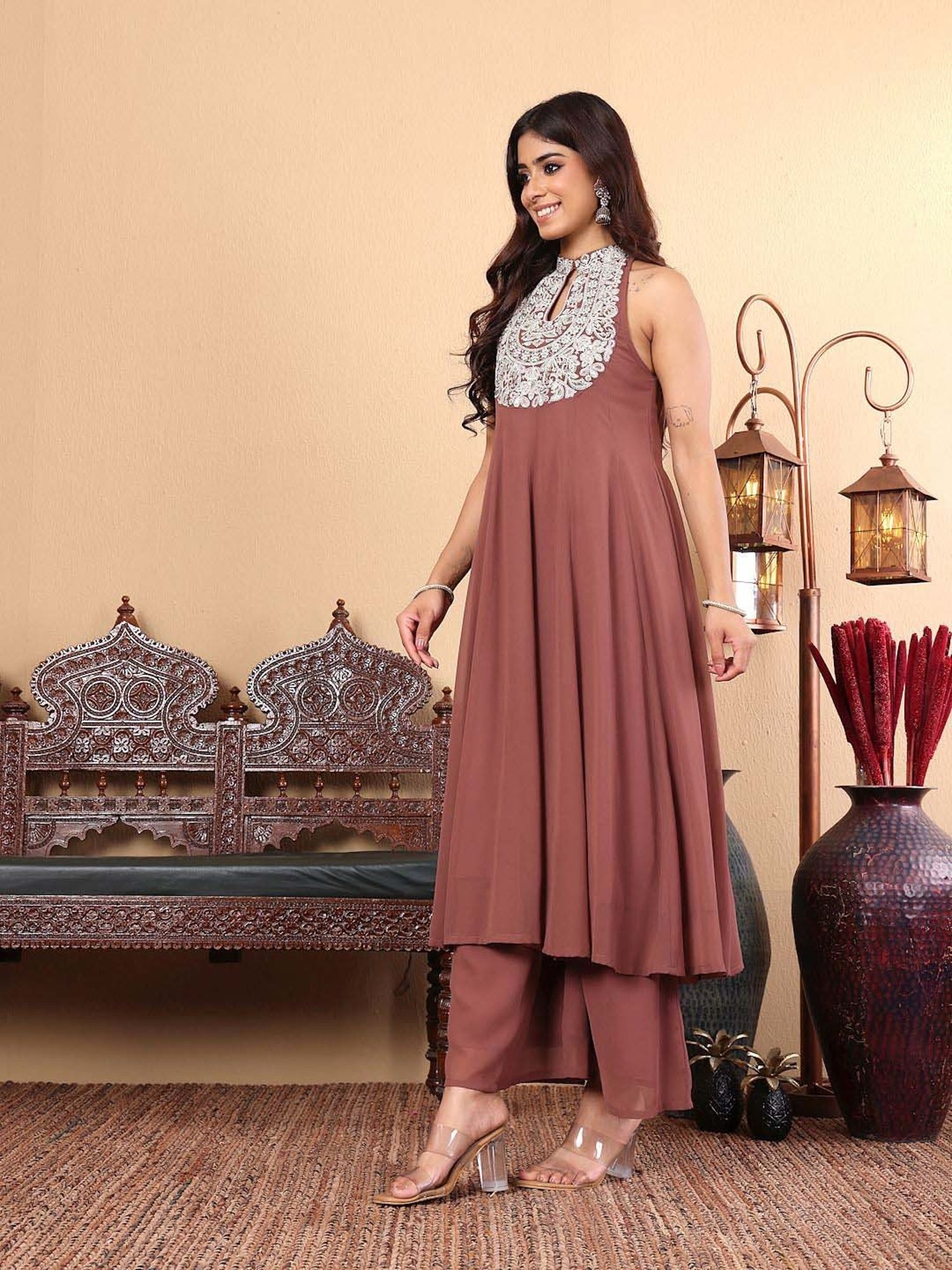 Varanga Camel Brown Embroidered Kurta & Palazzo Set
