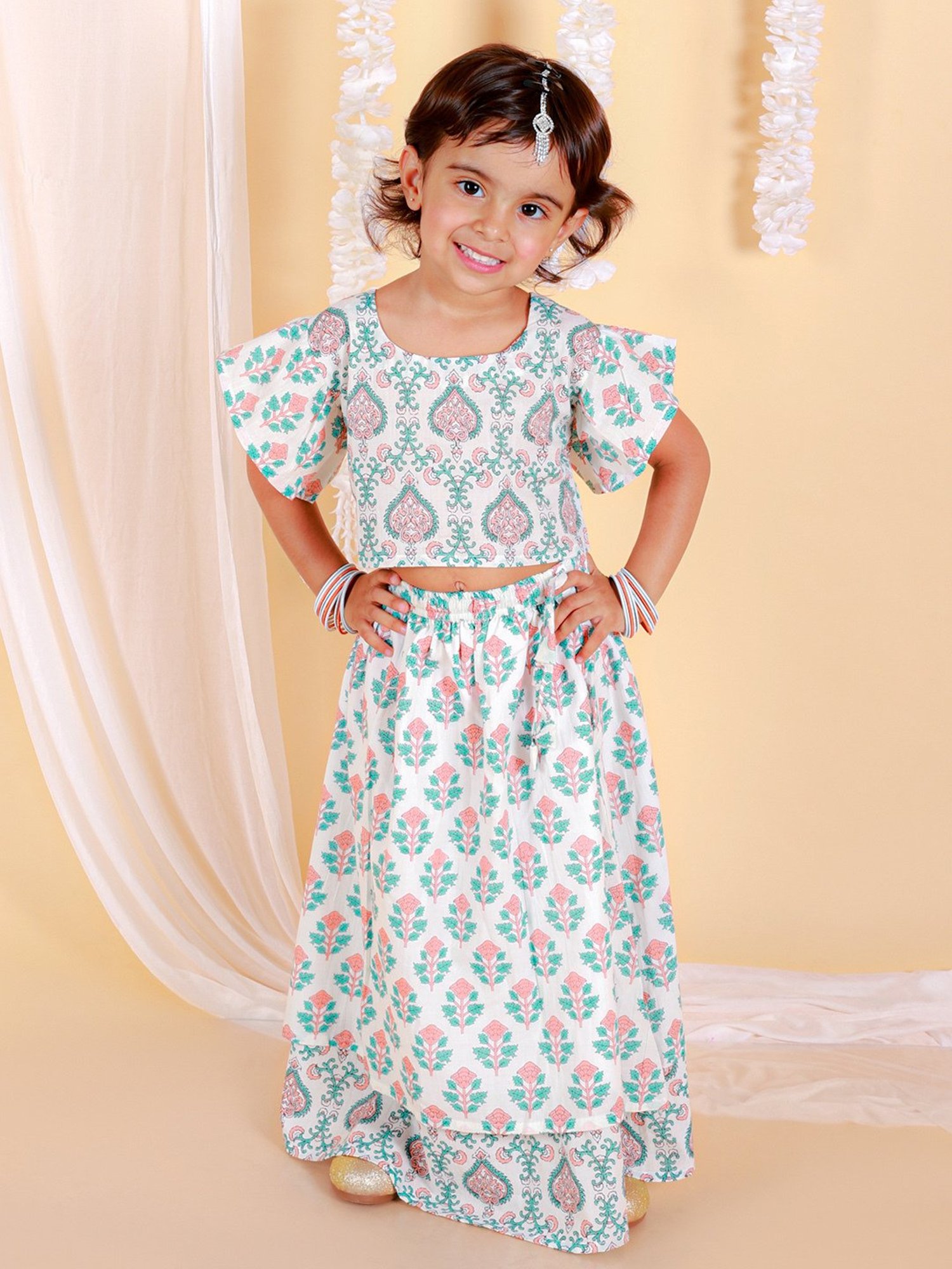 The Mom Store Kids Peach & White Floral Print Lehenga with Choli