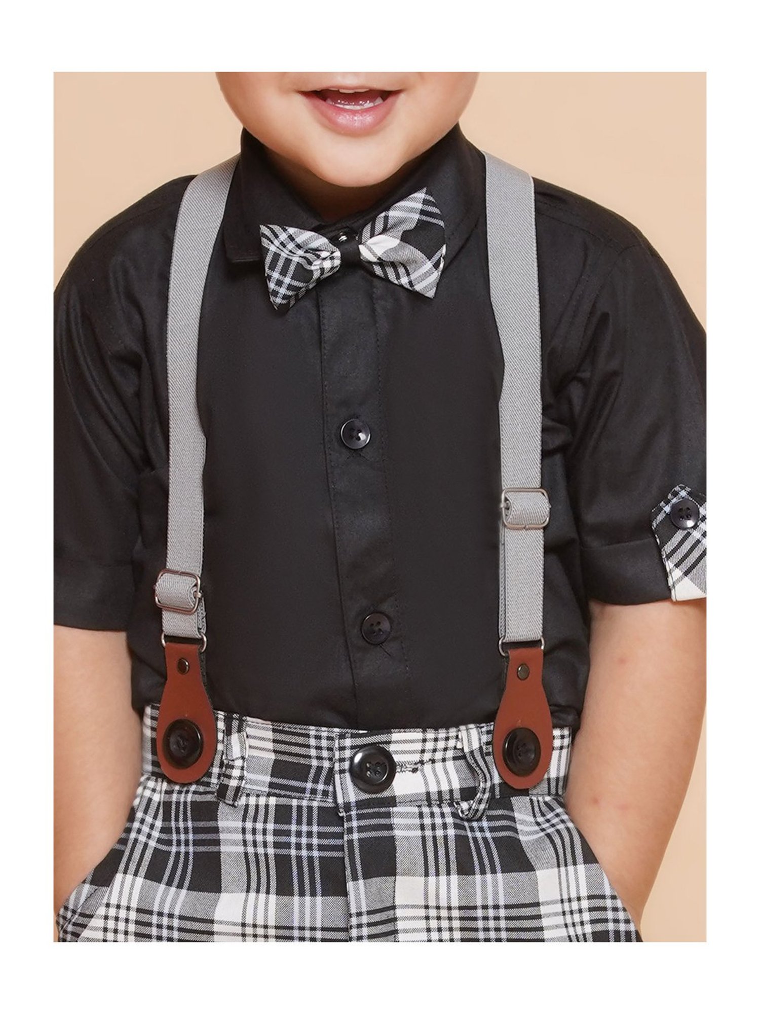 AJ Dezines Kids White & Black Checks Shirt, Shorts, Suspender, Bow & Cap