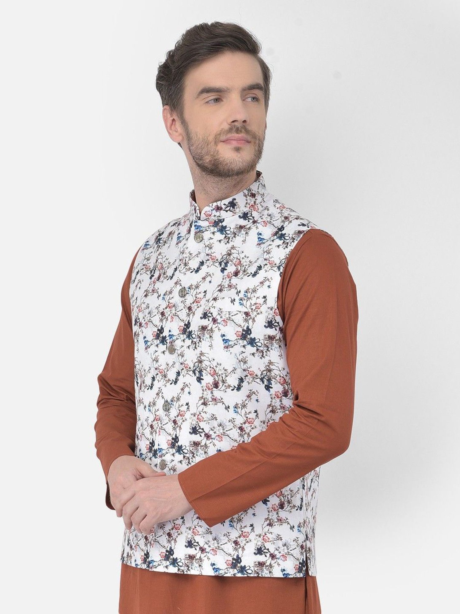 TABARD White Cotton Regular Printed Nehru Jacket