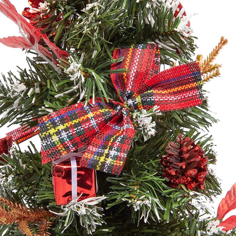 Okuna Outpost Mini Christmas Tree Pine Tree with Plaid Bows and Red Pinecones (16 Inches)