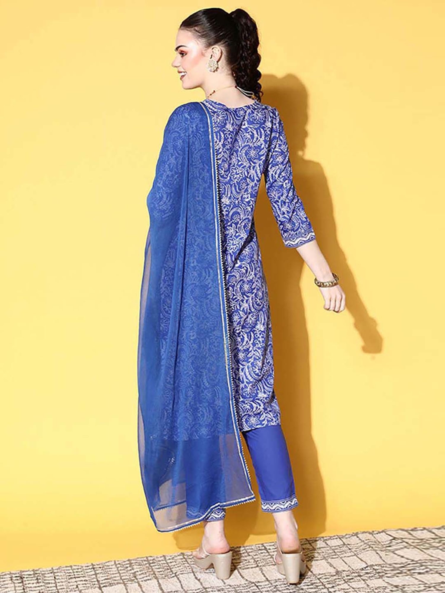 Ishin Blue Cotton Printed Kurta & Pant Set With Dupatta