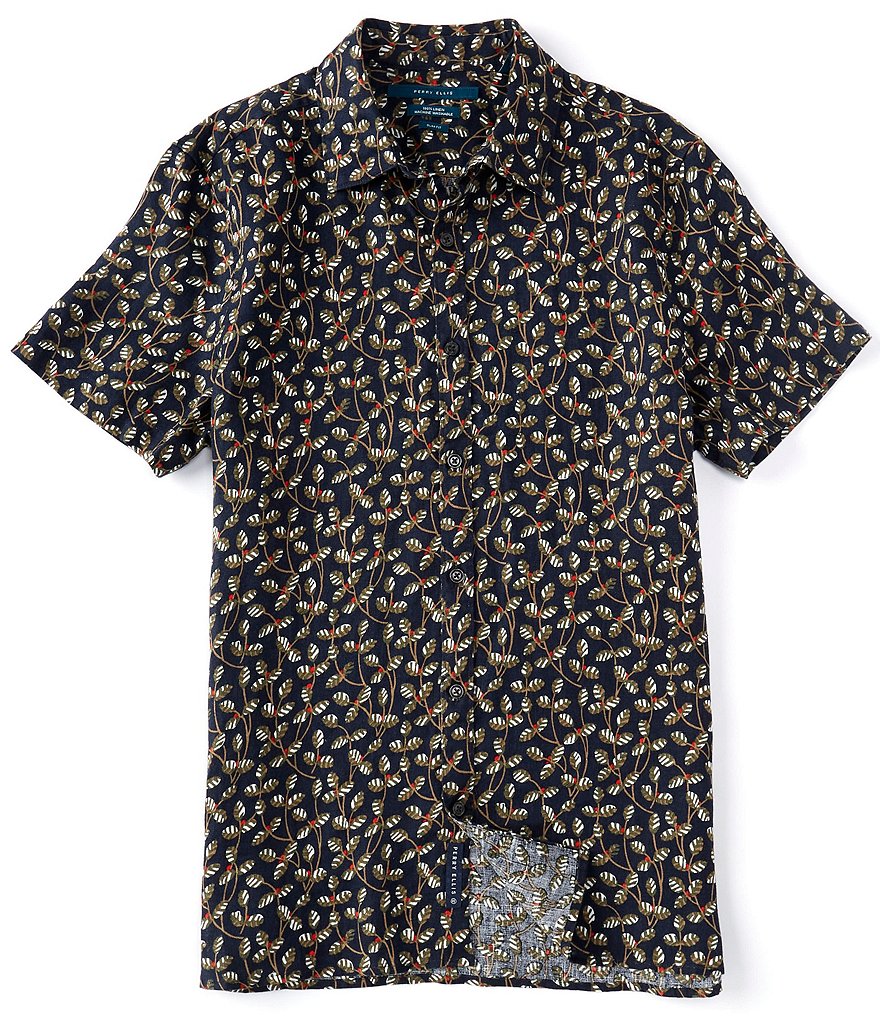 Perry Ellis Slim-Fit Untucked Leaf Print Linen Short-Sleeve Woven Shirt