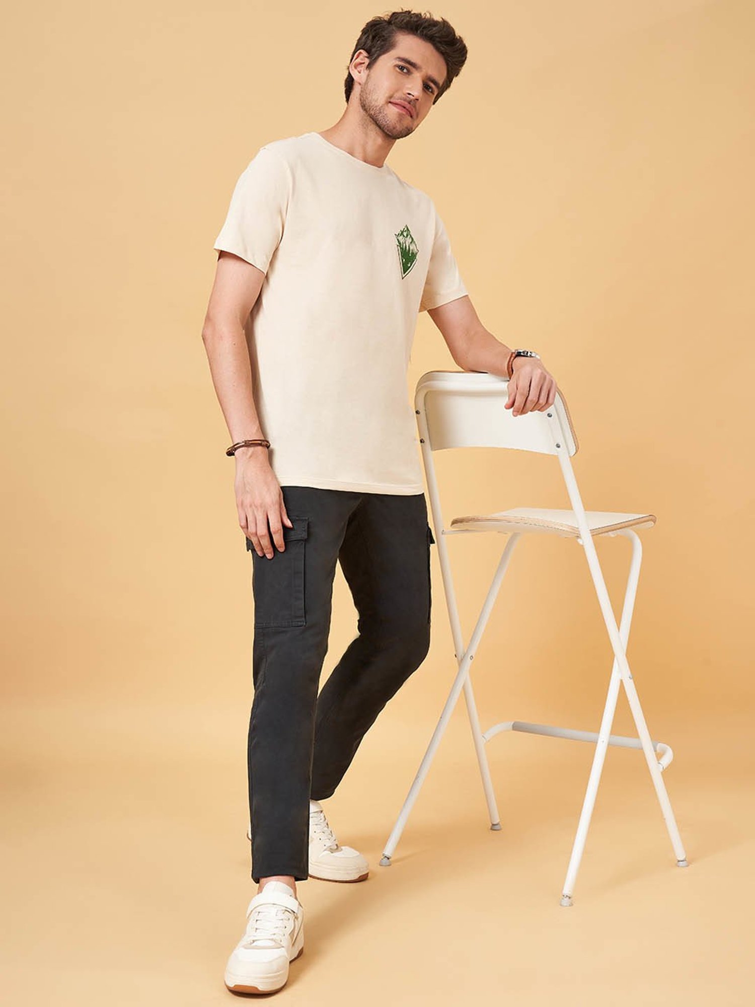 Urban Ranger by Pantaloons Beige Cotton Slim Fit Printed T-Shirt