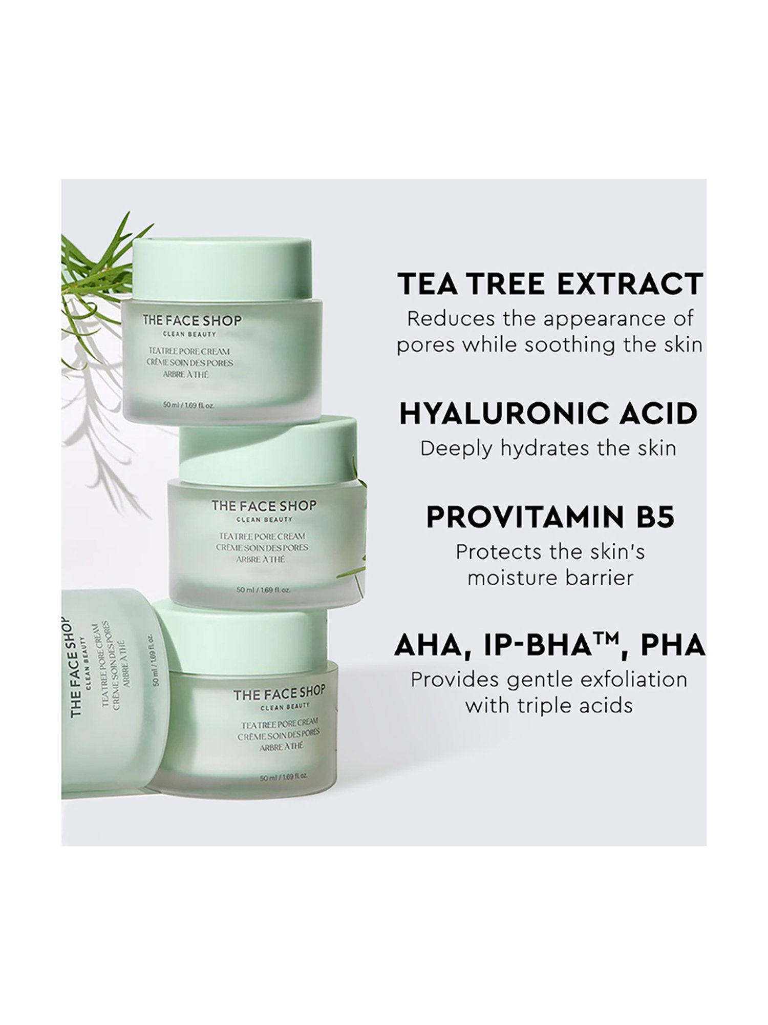 The Face Shop Tea Tree Pore Cream with AHA, IP-BHA & Hyaluronic Acid for Oily & Acne Skin - 50 ml