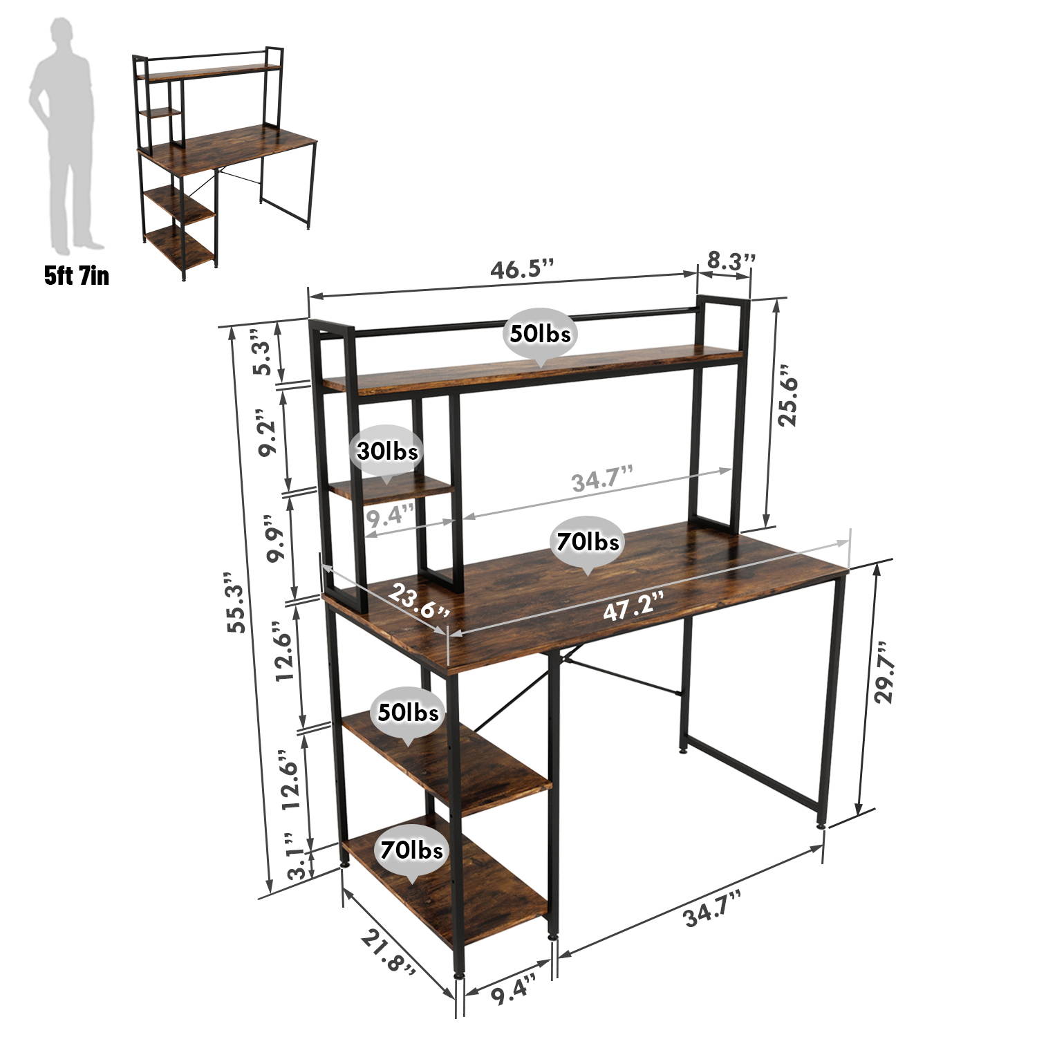 Bestier Computer Desk with Hutch and Shelves 47 Inch, Adjustable Storage Bookshelf Home Office Study Working Table Workstation for Small Space and Bedroom, Modern College Student Desks, Oak