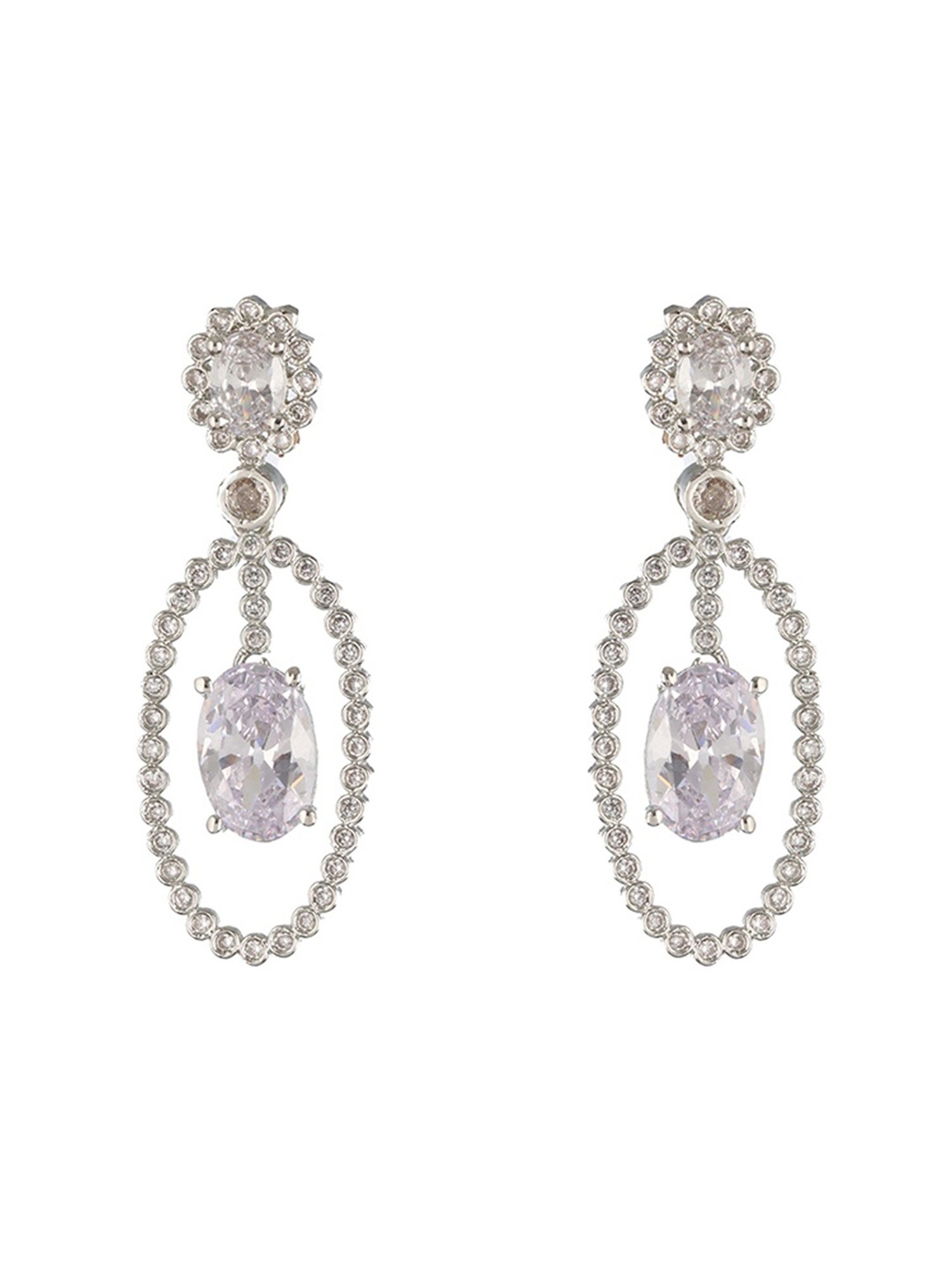 Priyaasi White Floral Oval Stone Studded Silver-Plated Drop Earrings