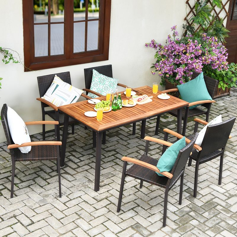 Costway 7 PCS Patio Rattan Dining Set Acacia Wood Table Top Stackable Chair