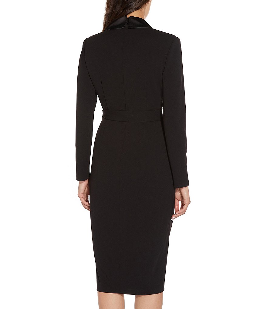Adrianna Papell Satin Lapel Long Sleeve Wrap Tuxedo Midi Dress