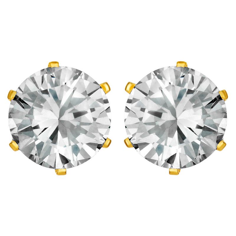 Women's Prong Set Cubic Zirconia Stud Gold Plated Stainless Steel Earrings (8mm) - Gold/Clear