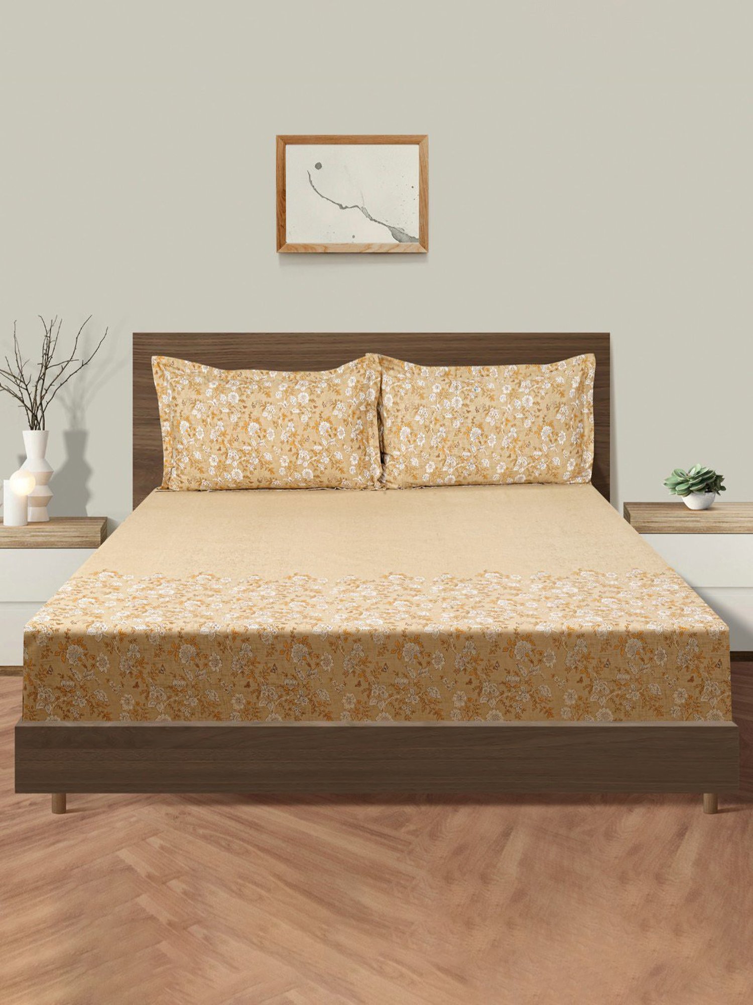 Swayam Dona Floral Gold 160 TC Cotton King Fitted Fitted Bedsheet with 2 Pillow Covers