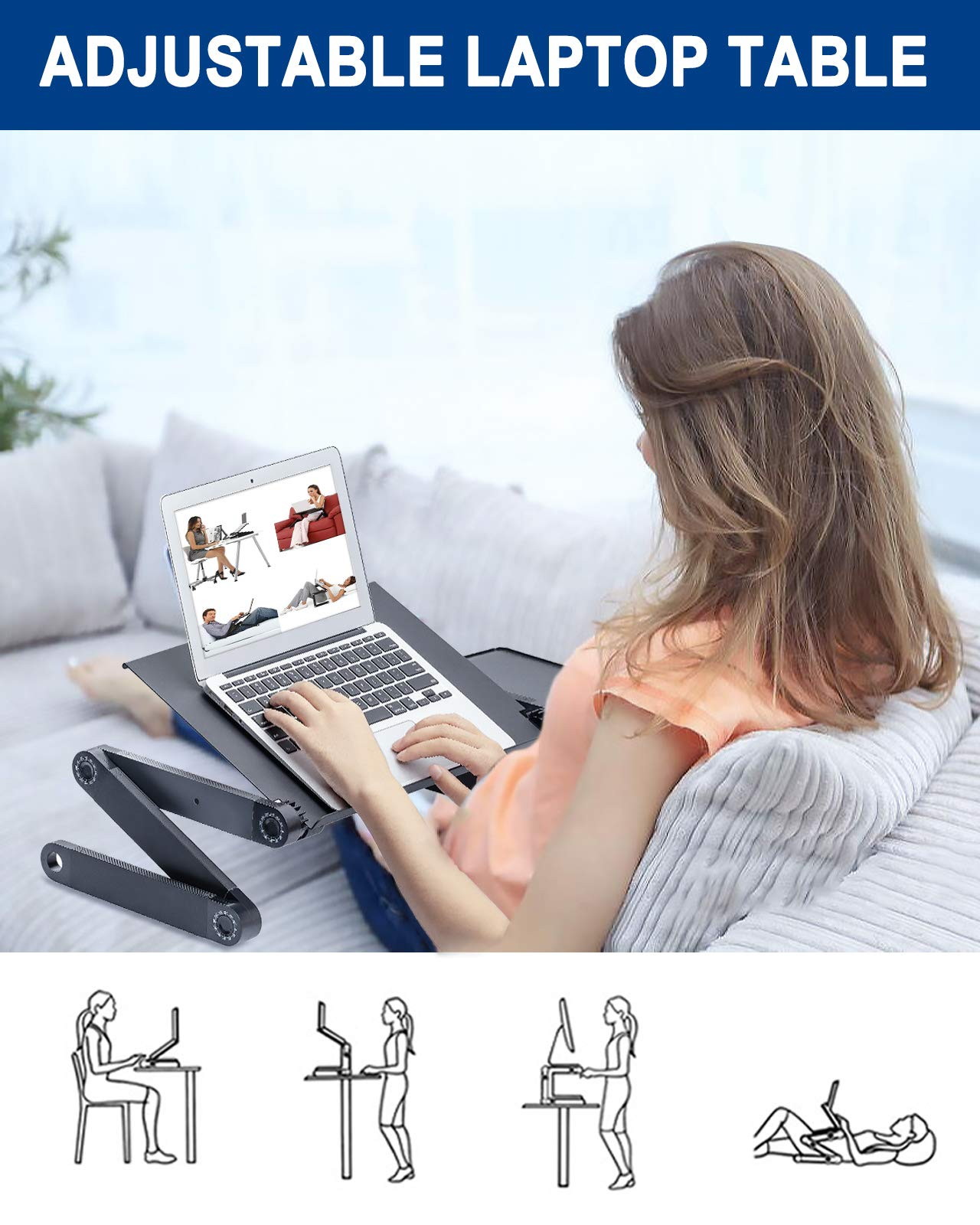 Laptop Stands Adjustable&nbsp;Lap Desks Portable Laptop Bed Table with Cooling Fans & Mouse Pad for Couch, Bed, Sofa