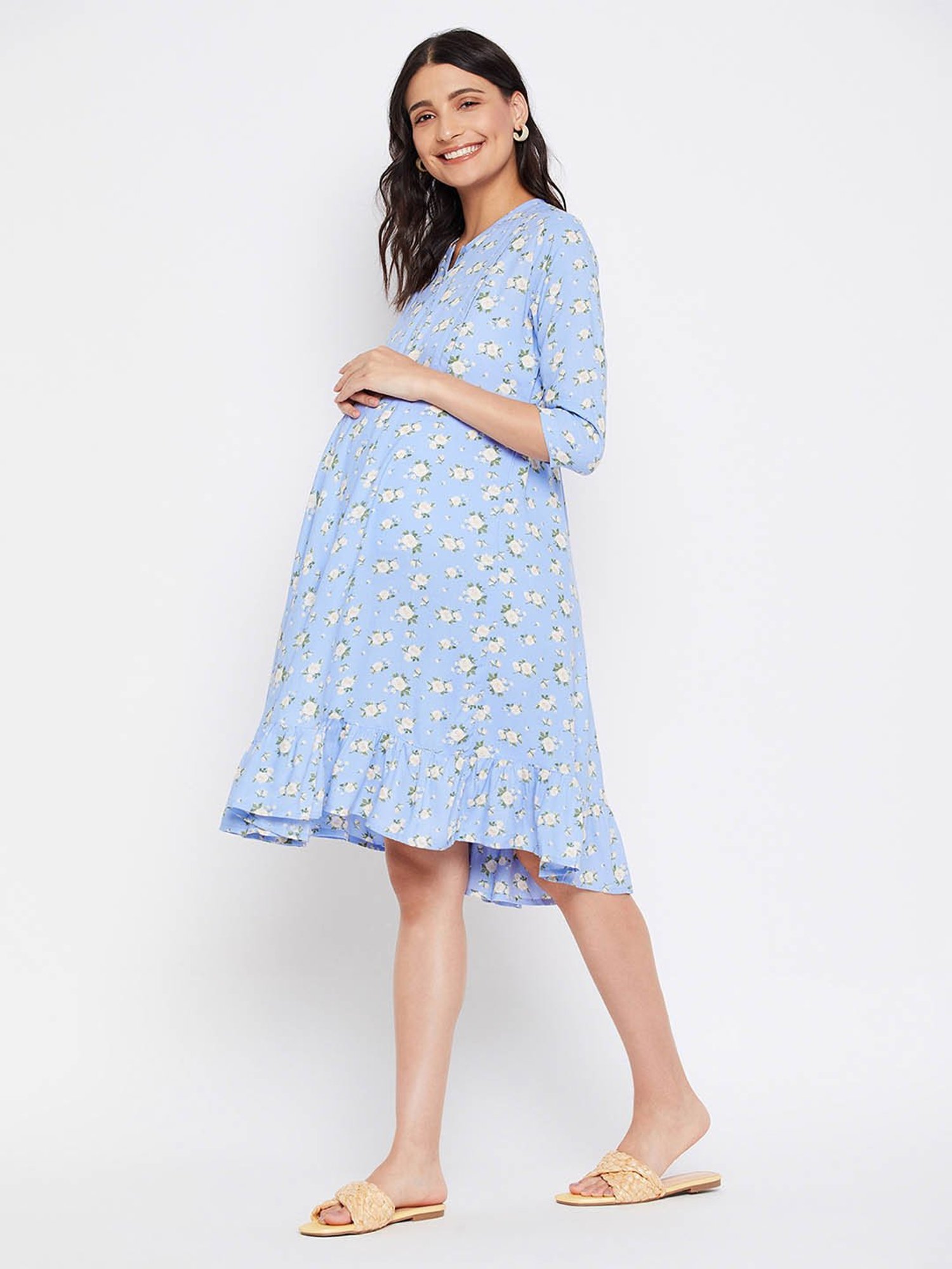 Hypernation Blue Rayon Floral Print Maternity Dress