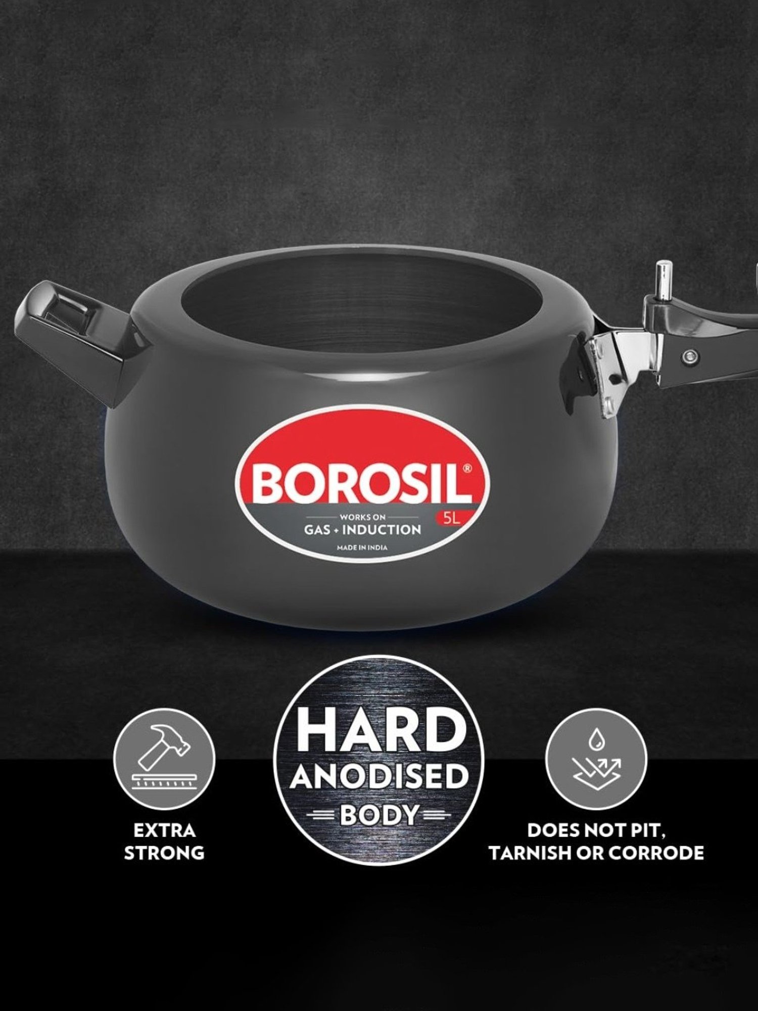 Borosil Black Aluminium 5L Pressure Cooker with Gas Stove & Induction Compatible