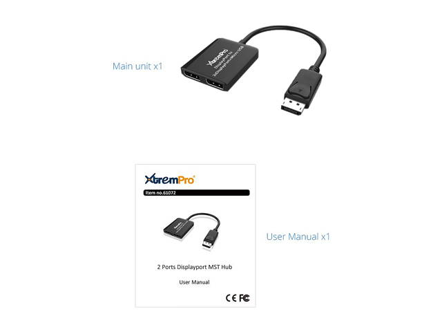 XtremPro 61072 2 Ports DisplayPort MST Hub Splitter Support HDCP, SST, and Extended MST, 3840x2160P@30Hz - Black