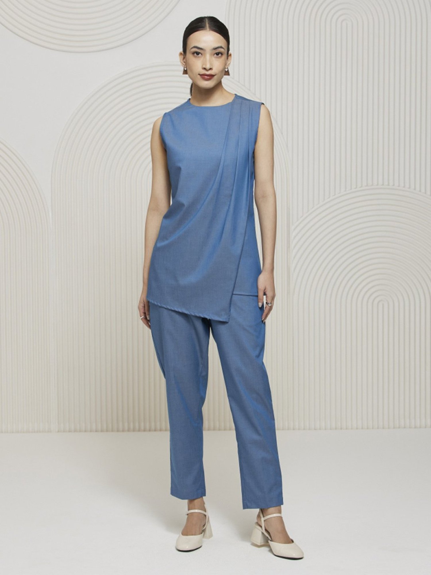 Artagai Midnight Navy Elevated Basics Co-Ord Set With Notch Collar Top And Straight Pants