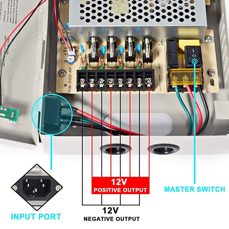 CCTV Power Supply 4CH Channel Port Box  Distributed Power Supply for CCTV DVR Security System and Cameras Output 12V5A Maximum