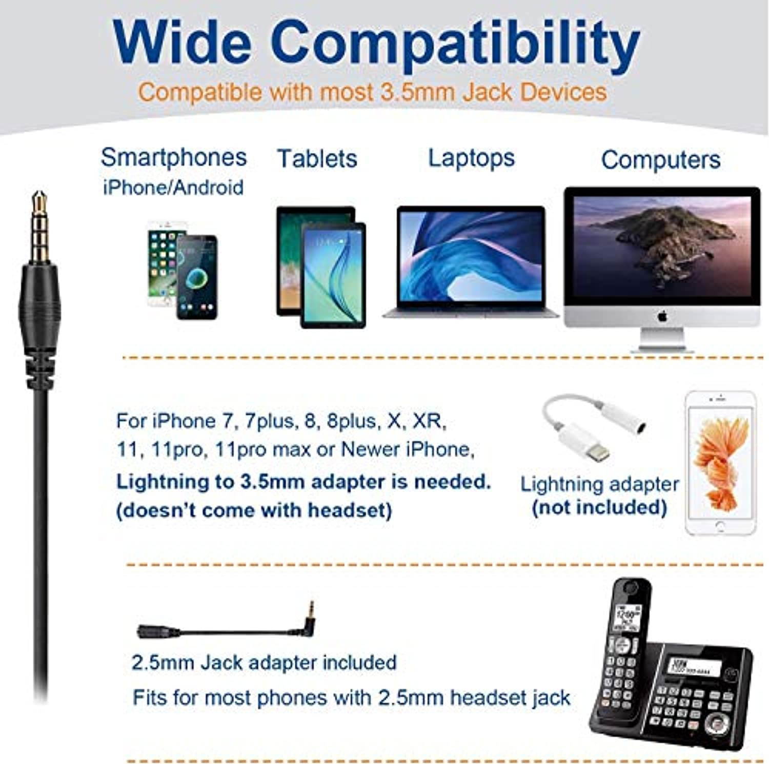 Wantek Cell Phone Headset with Microphone, 3.5mm Computer Headphone for iPhone Samsung PC Tablet, Laptop Headset for Skype Webinar Business Call Center Office, Super Lightweight (V600M1)