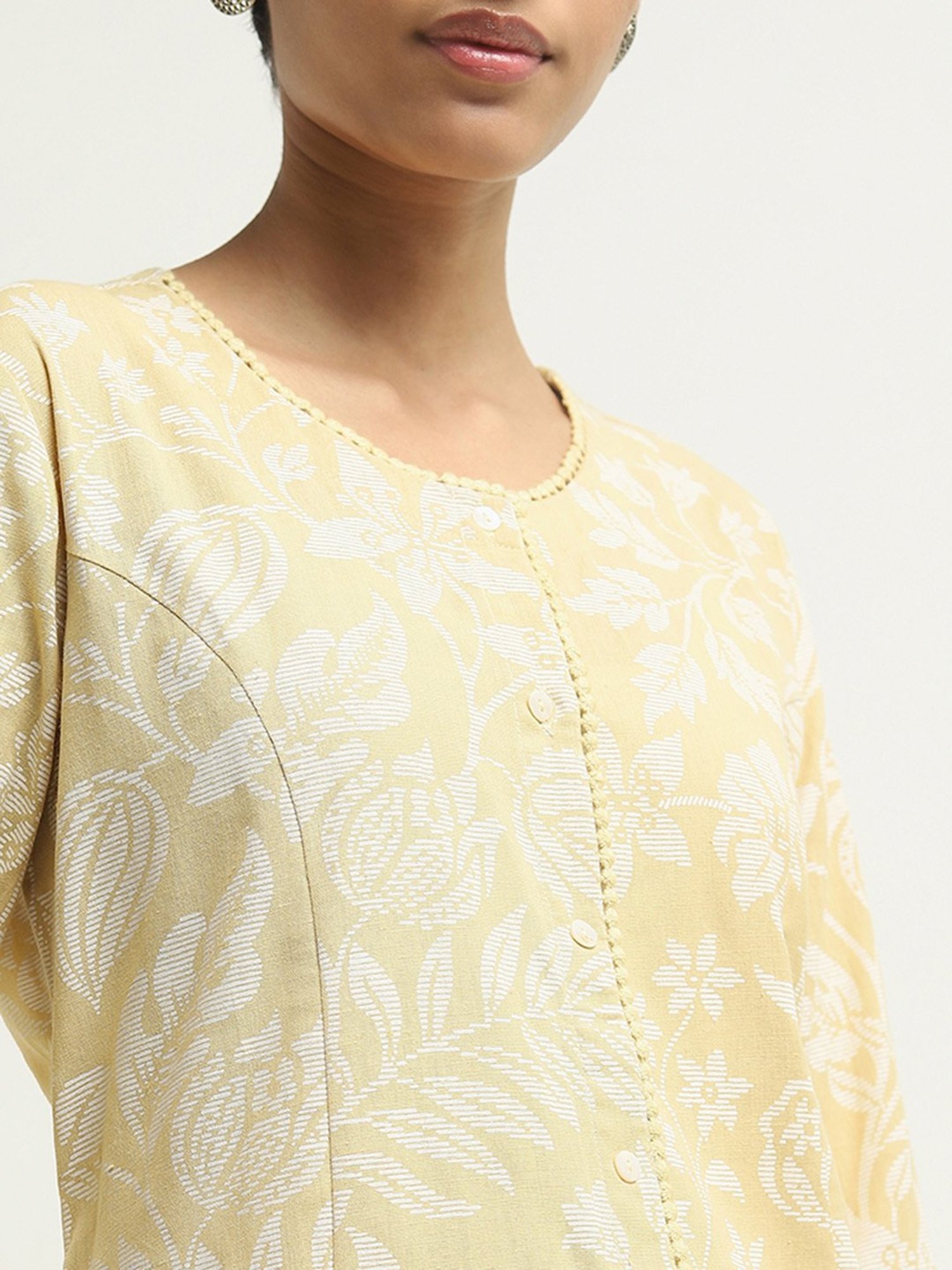 Utsa by Westside Yellow Botanical Printed A-Line Cotton Blend Kurta