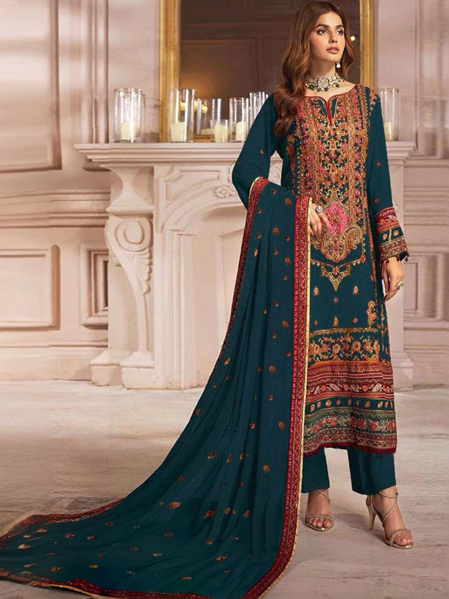 Odette Teal Blue Embroidered Unstitched Dress Material