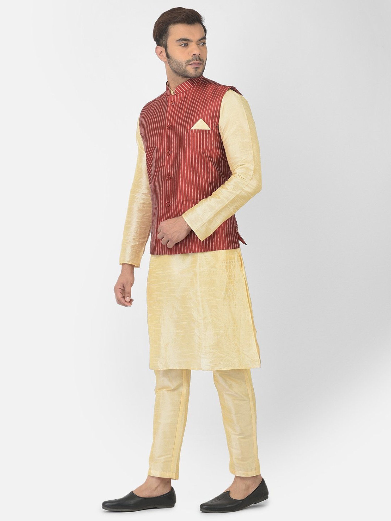 Deyann Red & Yellow Regular Fit Striped Kurta Set With Jacket
