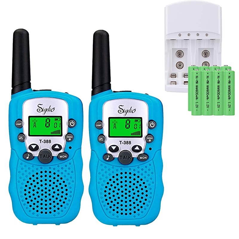 Kids Walkie Talkies Rechargeable Walky Talky 22CH FRS 2 Way Radio Kids Toy with MultiCharger Rechargeable Batteries VOX and Torch Blue 8 rechargeable batteries