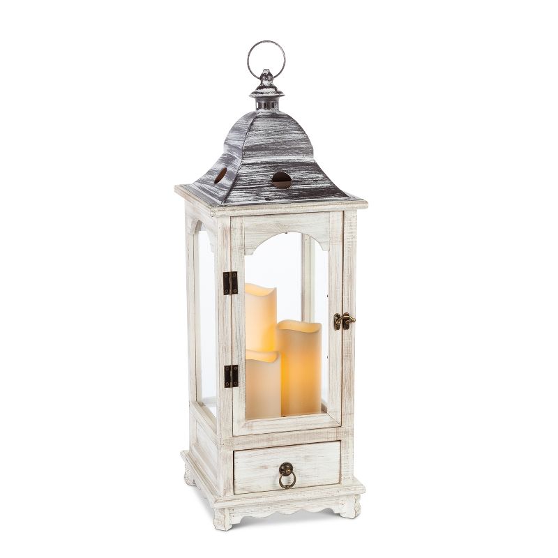 Everlasting Glow 27-Inch Tall Faded White Wood Lantern with Metal Top and Glass Windows