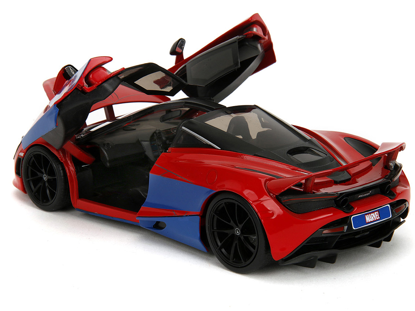McLaren 720S Red and Blue with Black Top and Graphics and Spider-Man Diecast Figure "Marvel Spider-Man" "Hollywood Rides" Series 1/24 Diecast Model Car by Jada