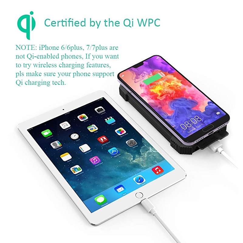 Charger Power Bank, Qi Wireless Charger 10,000mAh External Battery Pack Type C Input Port Dual Flashlight, Compass, Panel Charging (Black)