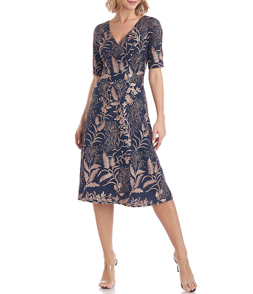 JS Collections Tilly V-Neck Short Elbow Sleeve Embroidered Midi Dress