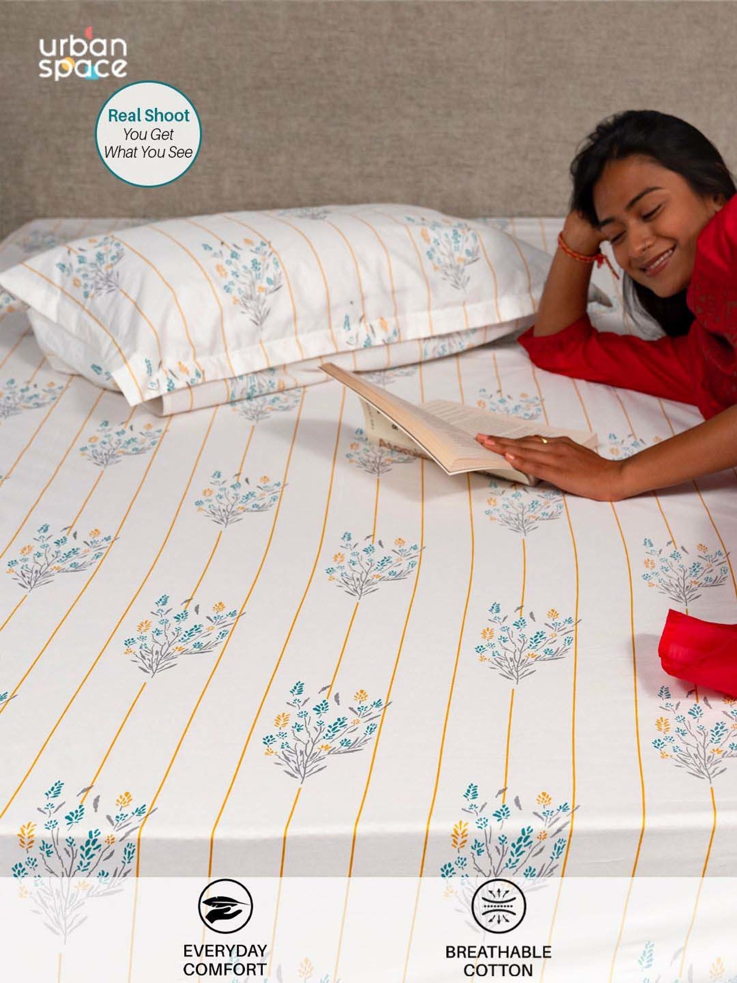 Urban Space White & Yellow Cotton 200 TC Single Bedsheet with 1 Pillow Cover