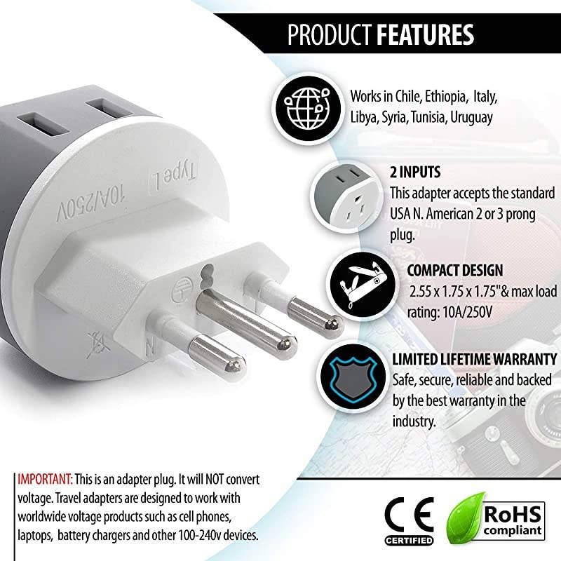 Uruguay Power Plug Adapter by OREI with 2 USA Inputs Travel 3 Pack Type L US12ASafe Grounded Use with Cell Phones Laptop Camera Chargers CPAP and More