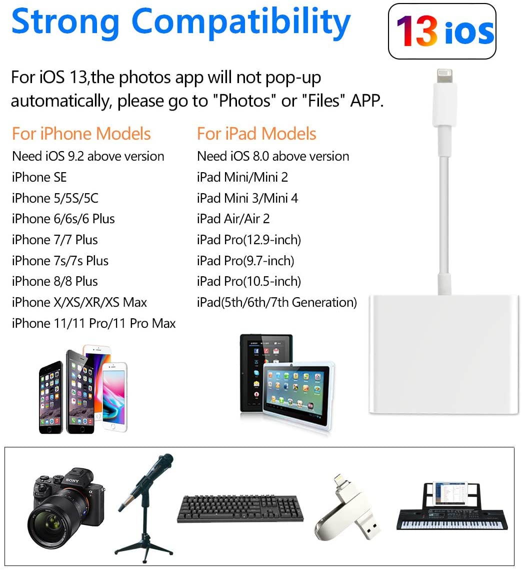 Dual USB Camera Adapter with Charging Port, 3 in 1 USB Female OTG Cable Compatible with iPhone/iPad, Support iOS 9.2 to 13+, USB Flash Drive, Card Reader, Mouse, Keyboard, Upto 500mAh (White)