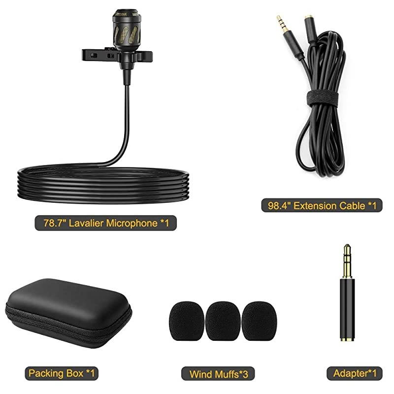 Lavalier Lapel Microphone 787 Omnidirectional Condenser Noise Cancelling Mic with 984 Extended Cable for iPhone Android DSLR Camera Computer YouTube Interview Studio Video