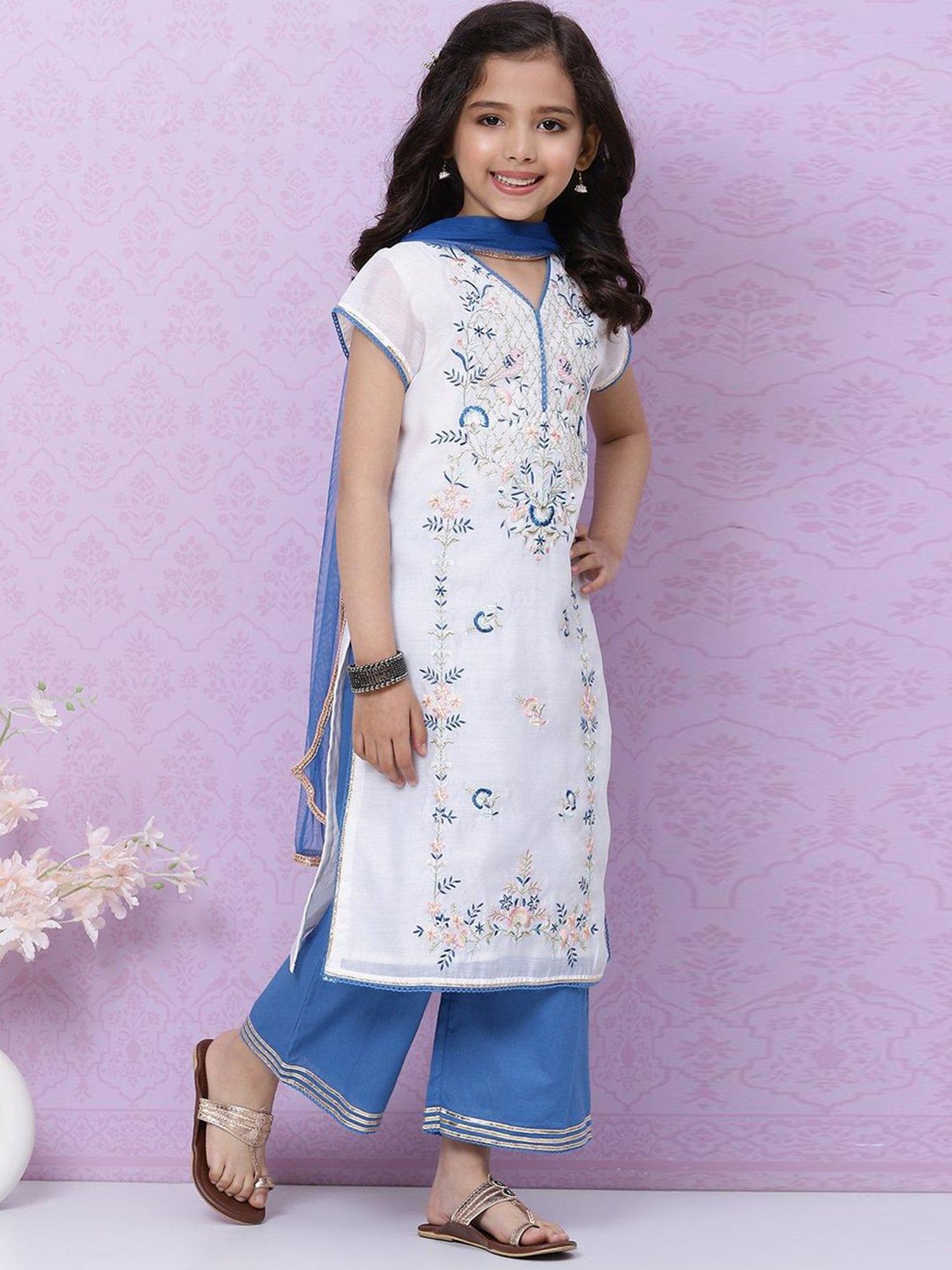 BIBA Girls White & Blue Zari Work Suit Set