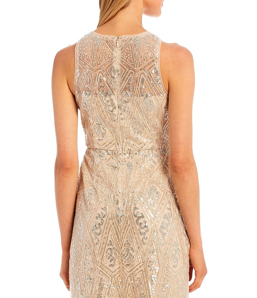 Adrianna Papell Metallic Sequin Crew Neck Sleeveless Mermaid Gown