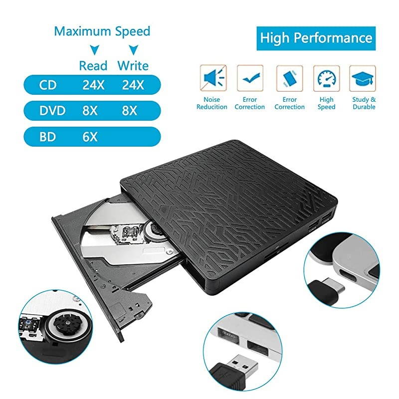 in 1 External blu ray Drive USB30TypeC Bluay blueray Drive Slim Optical CD DVD Drive Burner with SDTF Card Reader2 USB30 Hubs for pc Windows XP7810 MacOS LinuxMacBook Laptop Desktop