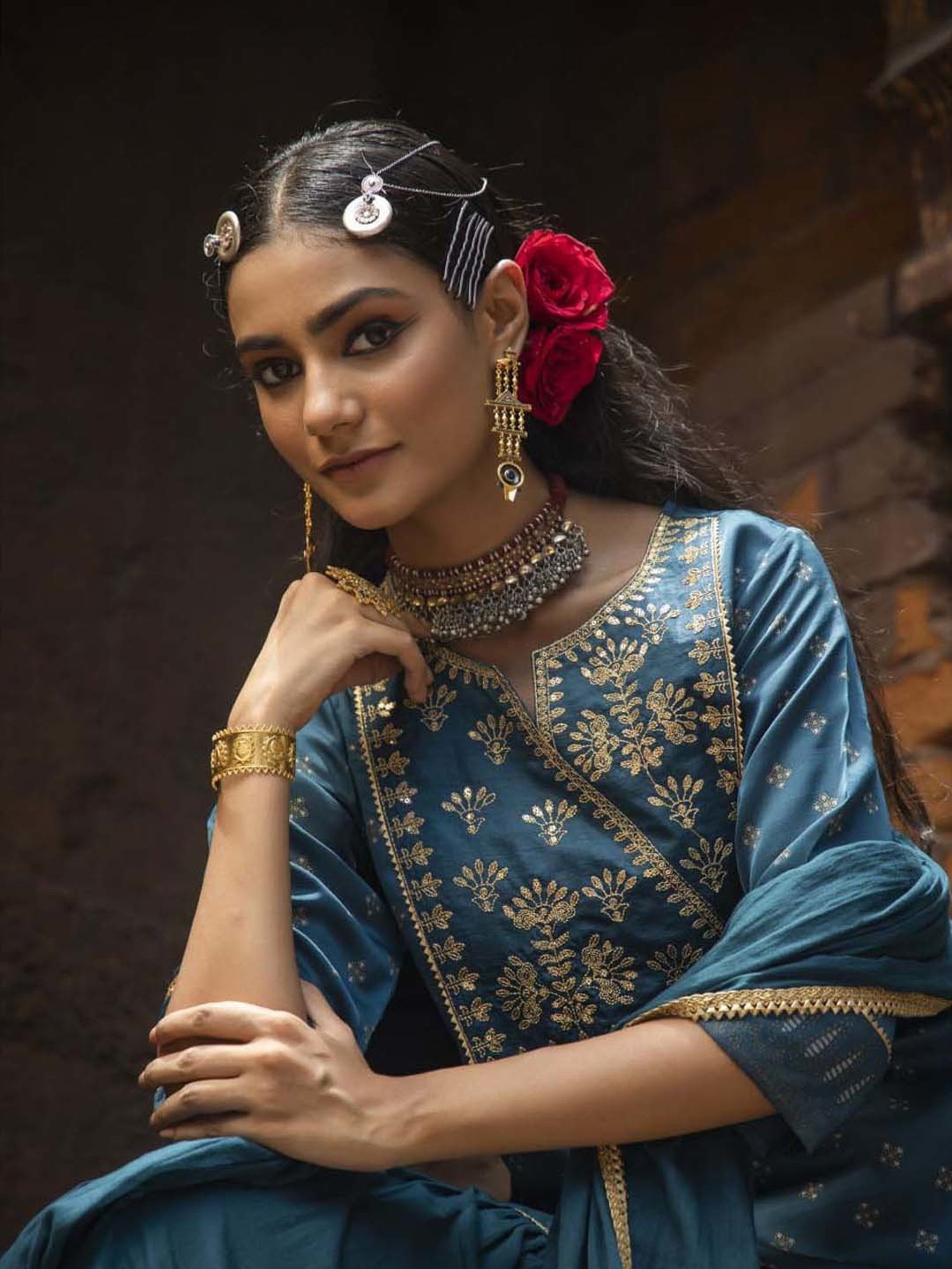 Juniper Teal Ethnic Motif Printed Satin Slub with Zari Embroidery Kurta Sharara & Dupatta Set