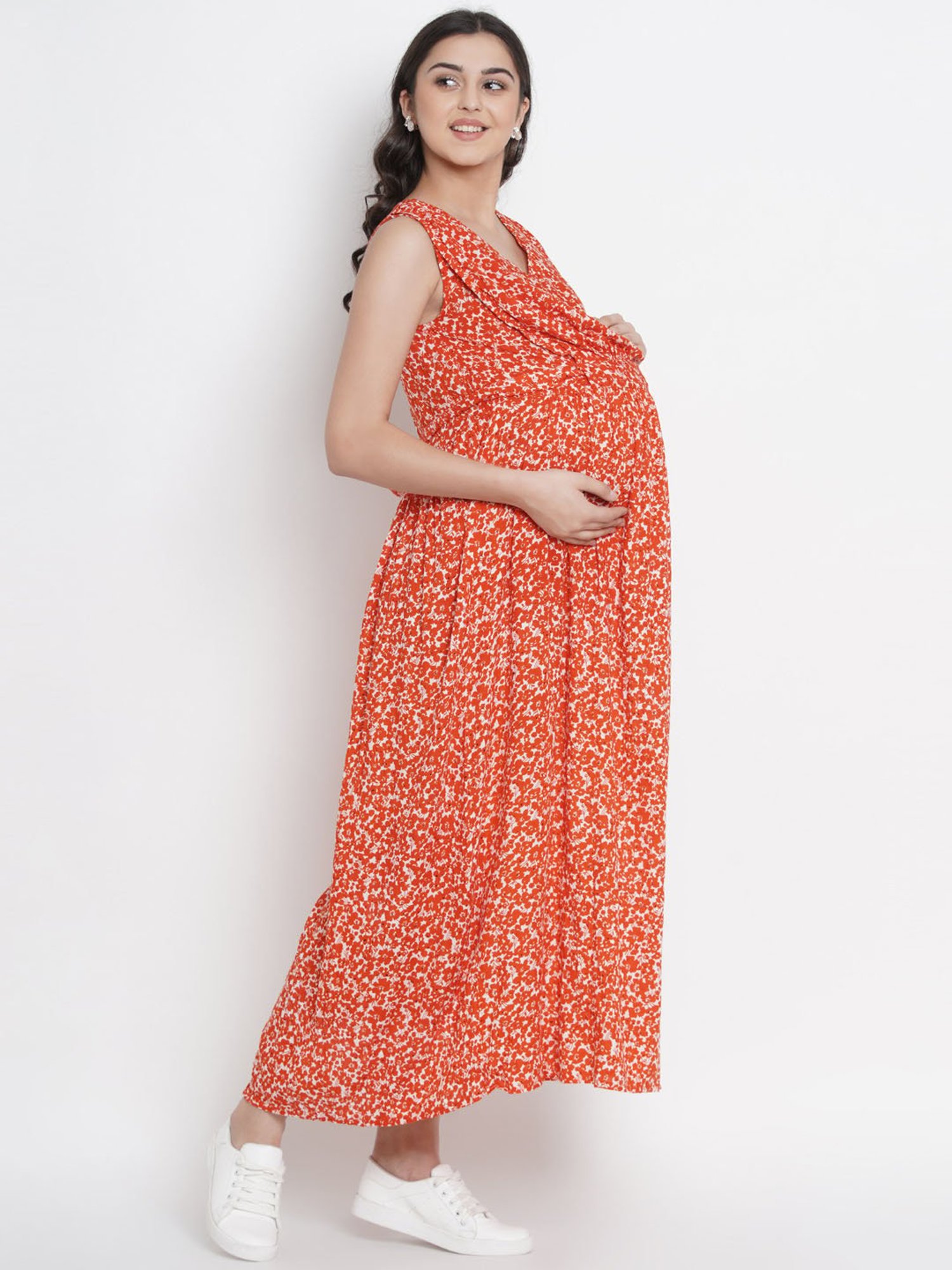 Mine4Nine Orange Floral Print Maternity Dress