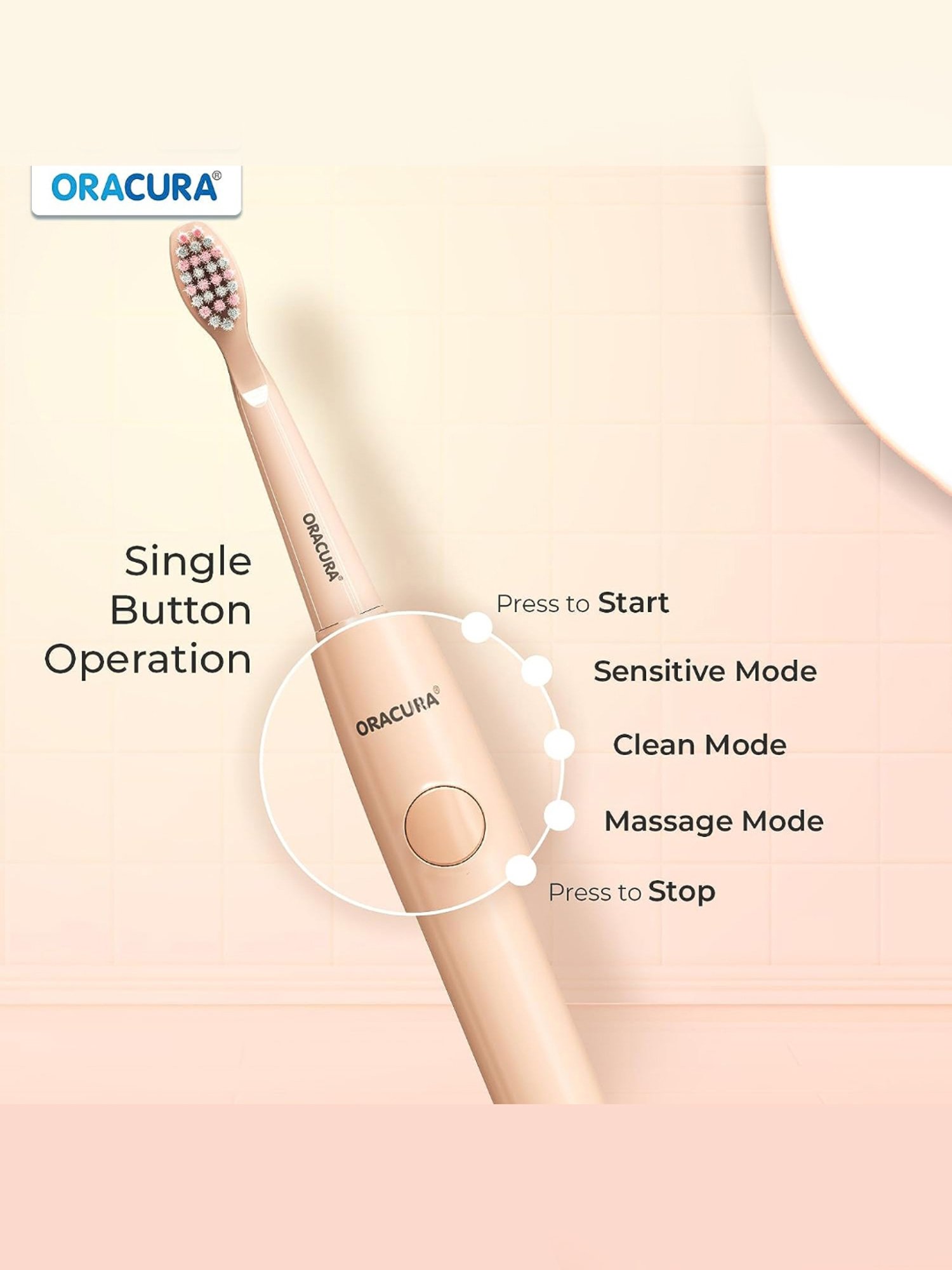 Oracura SB100 Sonic Lite Electric Battery Operated Toothbrush (Peach)