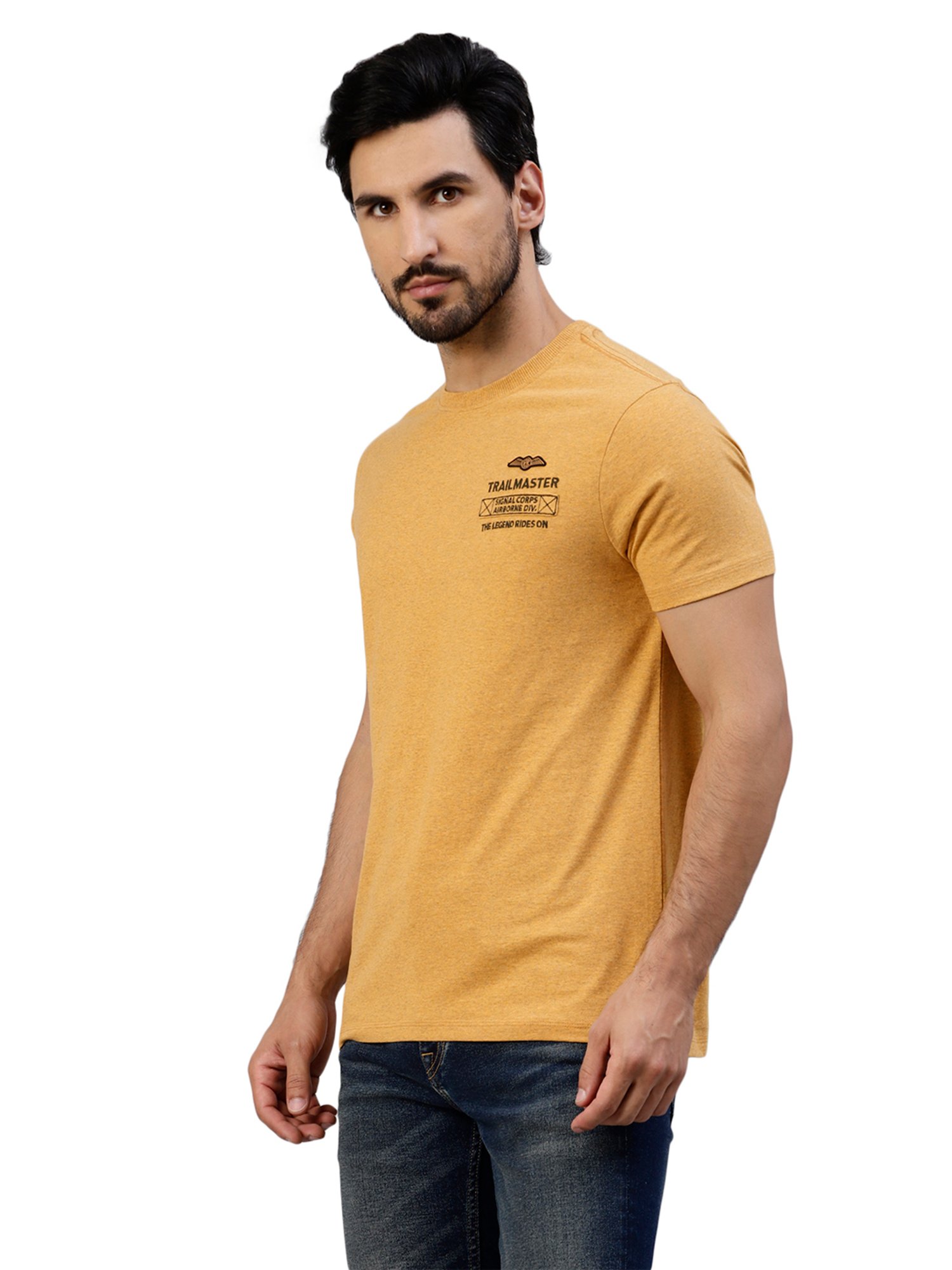 Royal Enfield Trail Master Mustard Melange Regular Fit Printed Crew T-Shirt