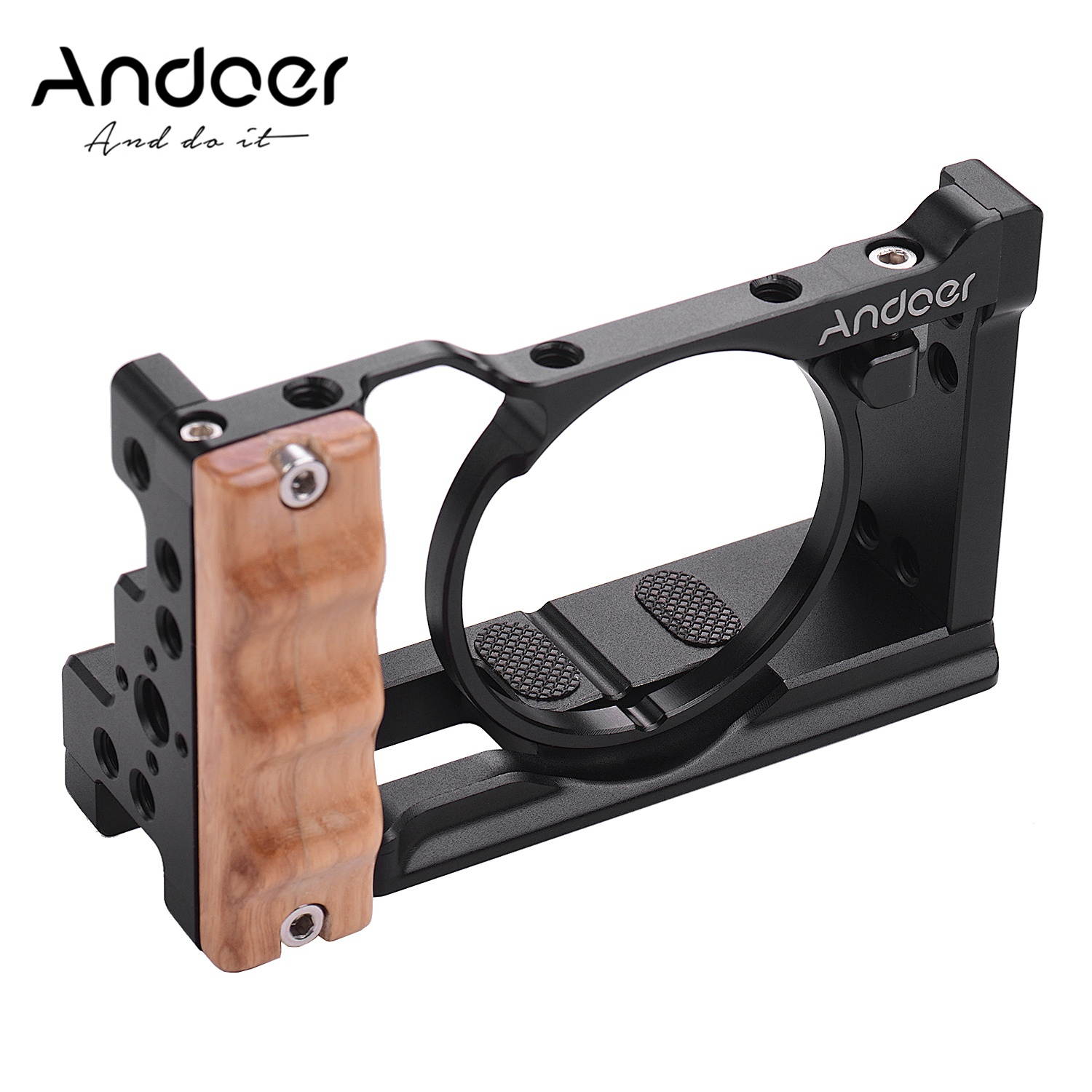 Andoer Metal Aluminum Camera Cage Compatible with Sony RX100 VI/VII with Cold Shoe Mount 1/4 Screw Wooden Handgrip Vlogging Shooting Accessories