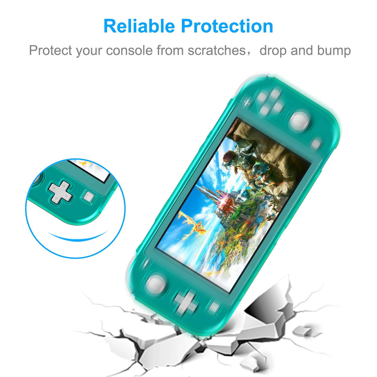Crystal Clear Cover Case for Switch Lite, Ultra Slim Clear Hard PC Protective Case for Nintendo Switch Lite with a Glass Screen Protector and 8 Thumb Grips Caps (Turquoise)