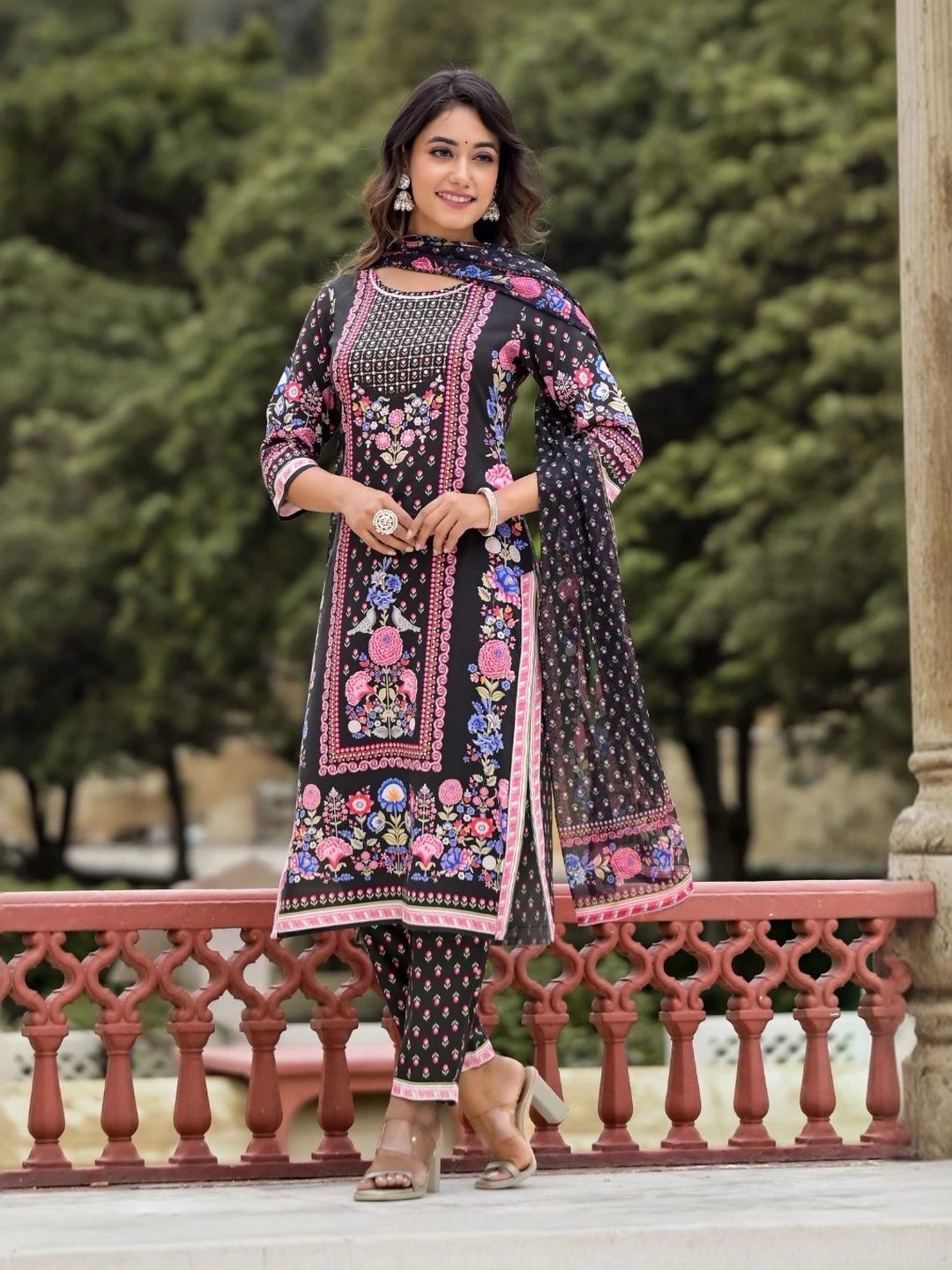 Juniper Black Floral Print Kurta Pant Set With Dupatta