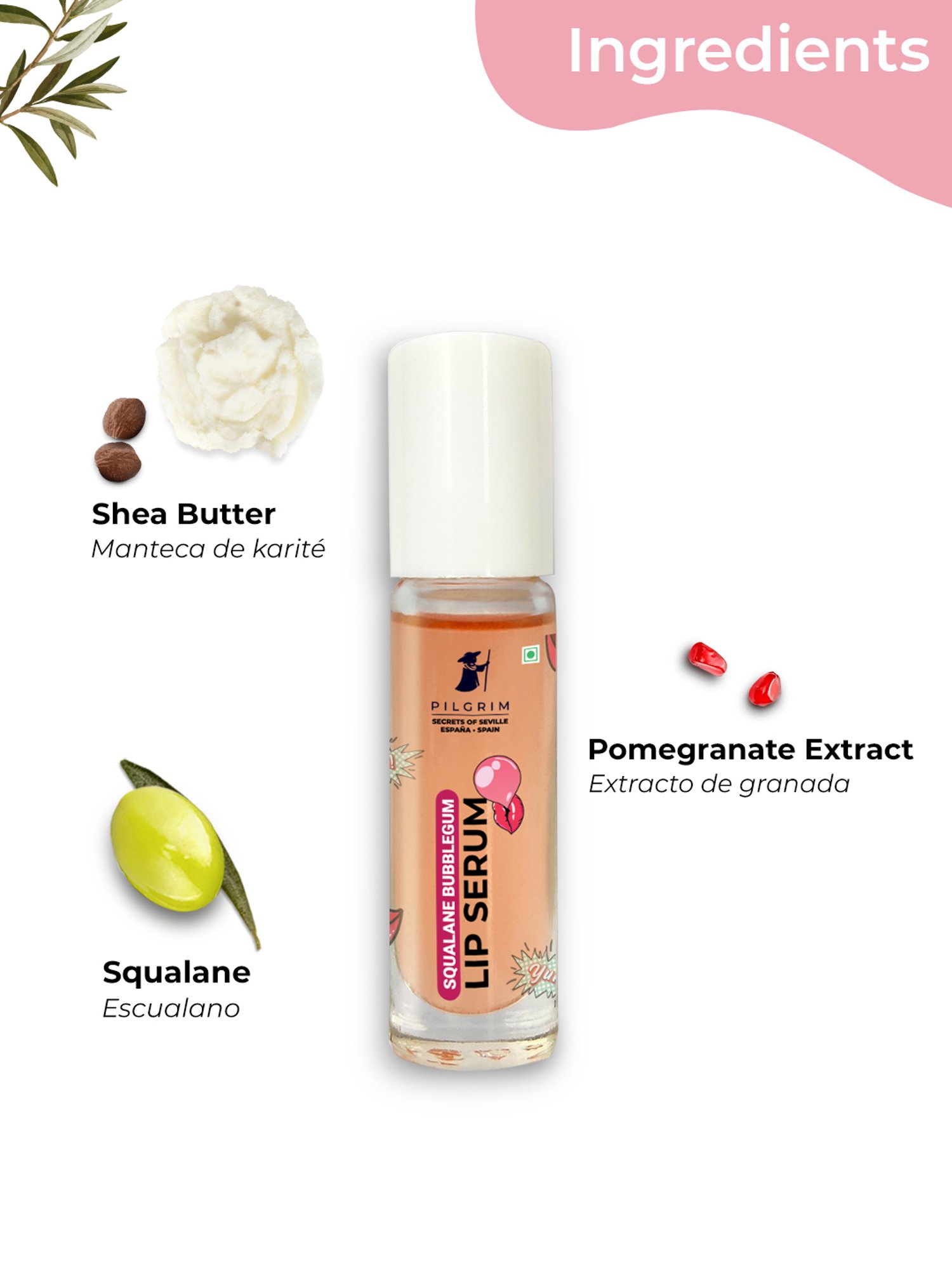 Pilgrim Squalane Bubblegum Lip Serum with Roll-On for Visibly Plump Lips - 6 ml