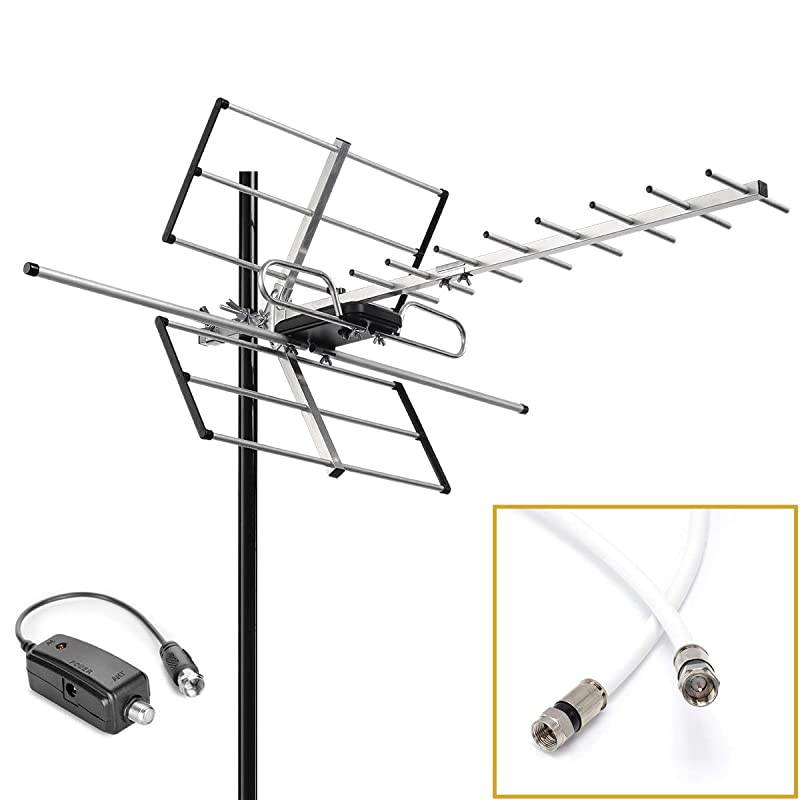 Outdoor Digital Amplified Yagi HDTV Antenna Builtin High Gain and Low Noise Amplifier 40FT RG6 Coaxial Cable 120 Miles Range with UHF and VHF Signal