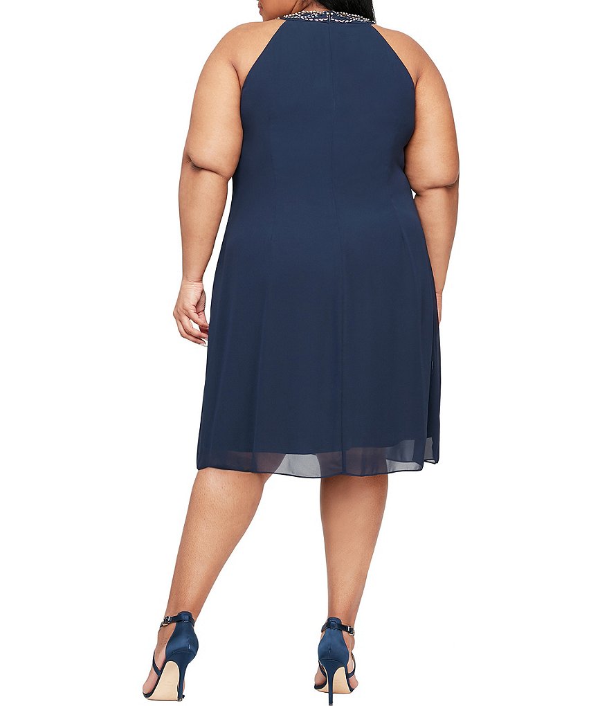 Ignite Evenings Plus Size Halter Neck Sleeveless Braid Bead Neck Chiffon Dress