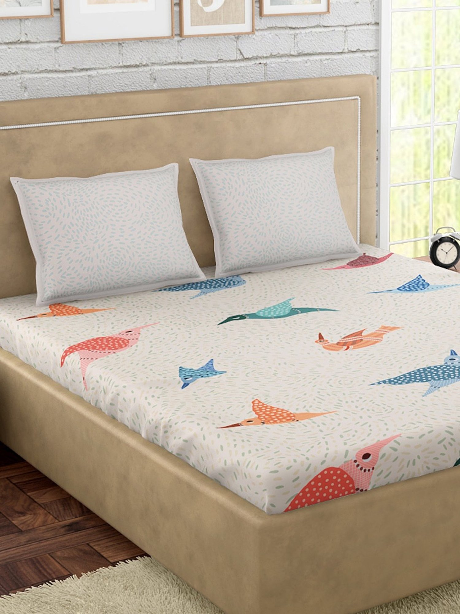 Petal Home Gondi Bird White Cotton 300 TC Bedsheet