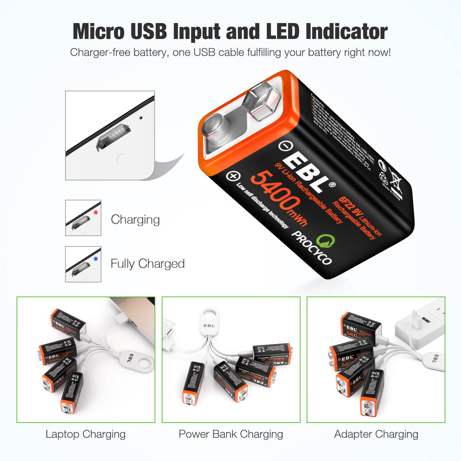 8 Pack EBL USB  5400mWh 9V Rechargeable Lithium Battery,Durable LI-ion Batteries with Micro Charging Cable, Quick Charge in 2 Hours